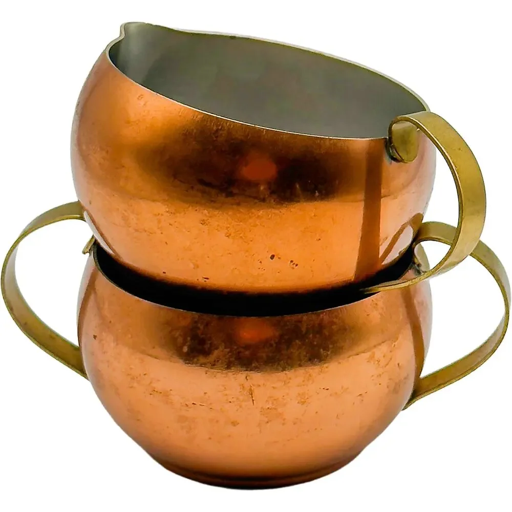 Vintage Colonial Copper & Brass Ware 4-Piece Kettle w/Lid Creamer and Sugar Bowl